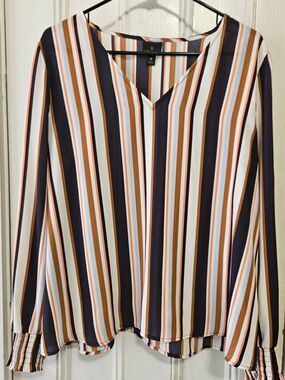 Worthington Striped V-Neck Blouse Long Smocked Cuffs Business Casual Pullover XL